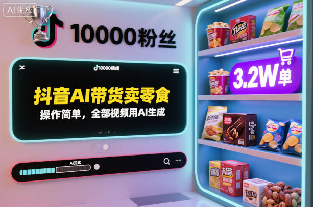 抖音AI带货卖零食，操作简单，全部视频用AI生成，一万粉丝，卖了3.2W单-立业有术