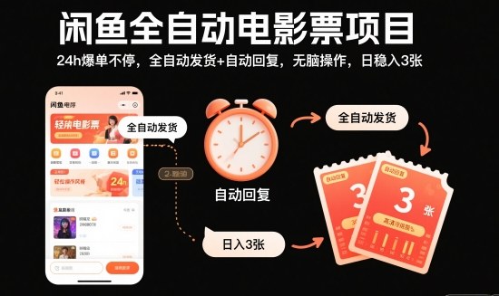 闲鱼全自动电影票项目，24h爆单不停，全自动发货+自动回复，无脑操作，日稳入3张【揭秘】-立业有术