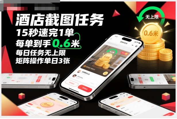 酒店截图任务，15秒速完1单，每单到手0.6米，每日任务无上限，全网首发玩法，矩阵操作单日3张【揭秘】-立业有术