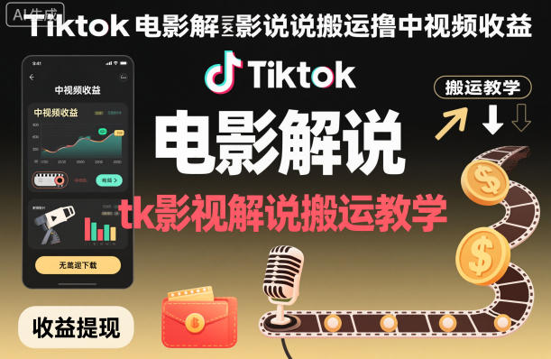Tiktok电影解说搬运撸中视频收益，tk影视解说搬运教学-立业有术