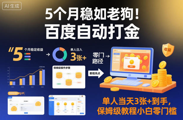 5个月稳如老狗！百度自动打金，单人当天3张+到手，保姆级教程小白零门槛【揭秘】-立业有术