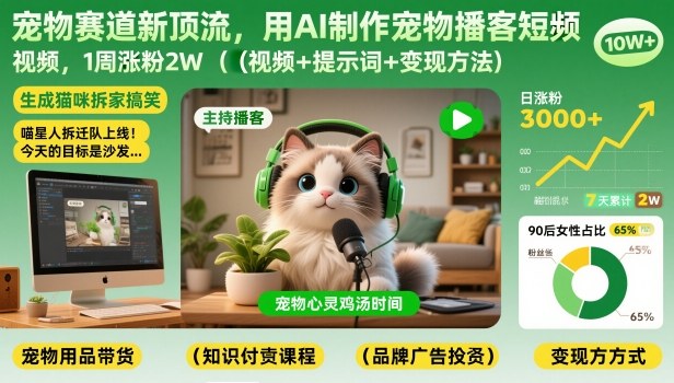 宠物赛道新顶流，用AI制作宠物播客短视频，1周涨粉2W（视频+提示词+变现方法）-立业有术