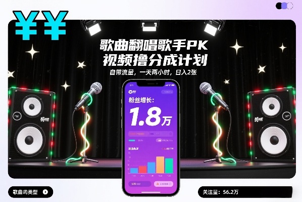 歌曲翻唱歌手PK视频撸分成计划，自带流量，一天两小时，日入2张-立业有术