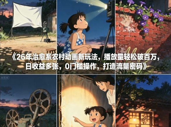 26年治愈系农村动画新玩法，播放量轻松破百万，日收益多张，0门槛操作，打造流量密码-立业有术