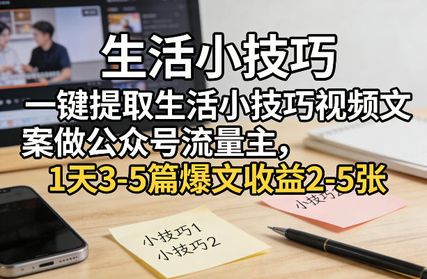 一键提取生活小技巧视频文案做公众号流量主，1天3-5篇爆文收益2-5张-立业有术